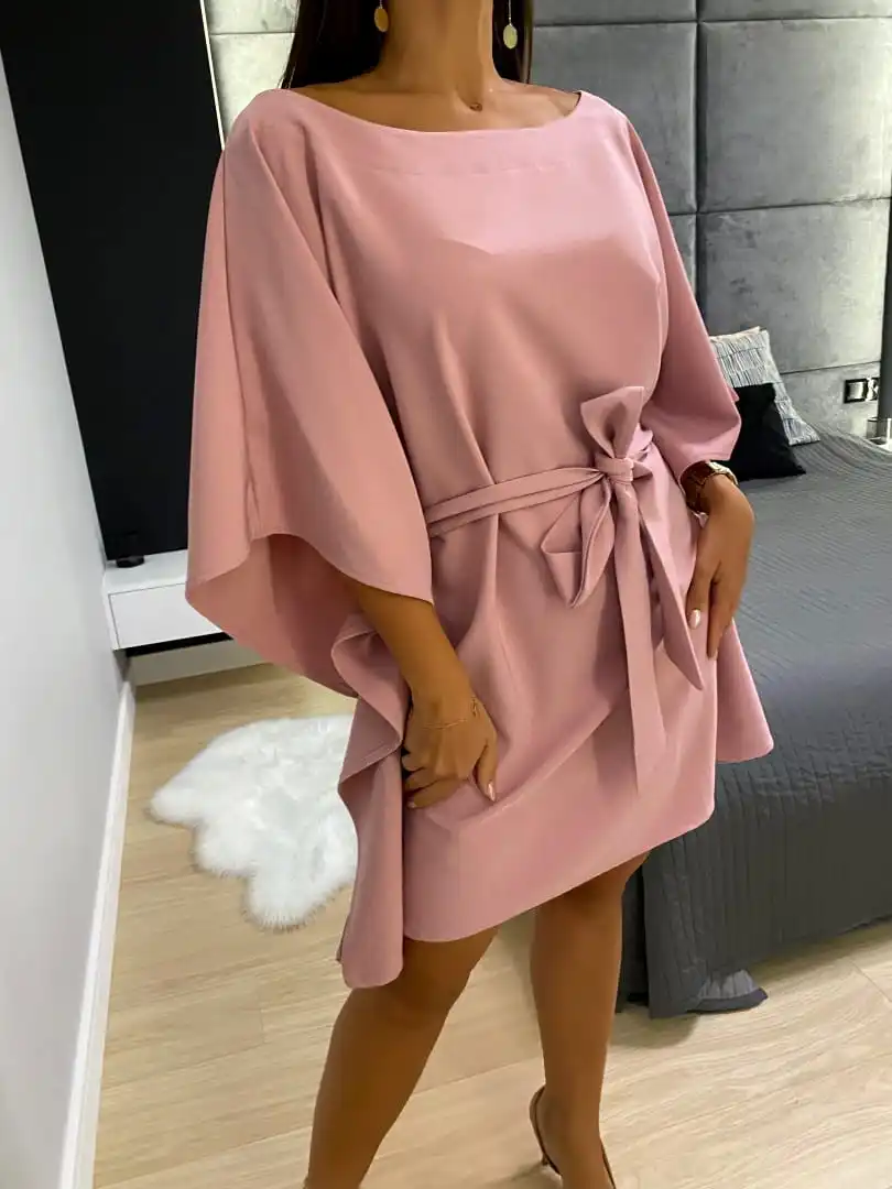 

Batwing Sleeve Lace-Up Mini Dress Belt Casual Loose Female Elegant Solid Color High Waist Dresses 2022 Summer New Arrivals