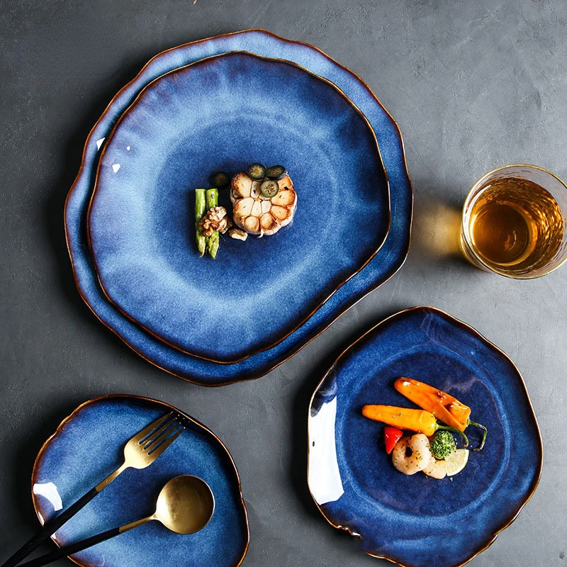 

Nordic Blue Glaze Ceramic Dinner Plate Western Tableware Plates and Bowls Creative Irregular Spaghetti Dishes Snack Salad Dish