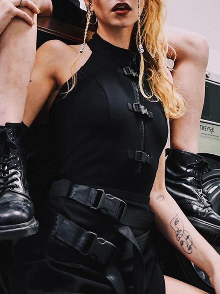 

Black Sleeveless Zipper Bodysuit Buckle Unique Design Jumpsuit Hot Sexy Outfits For Woman High Street Skinny Halter Tops Slim