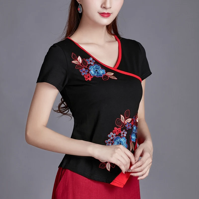 

Summer Tops Folk-custom Top Tee Exotic Fashion Women Shirts V-Neck T-shirt Women Embroidery Short Sleeve Femal Tshirt