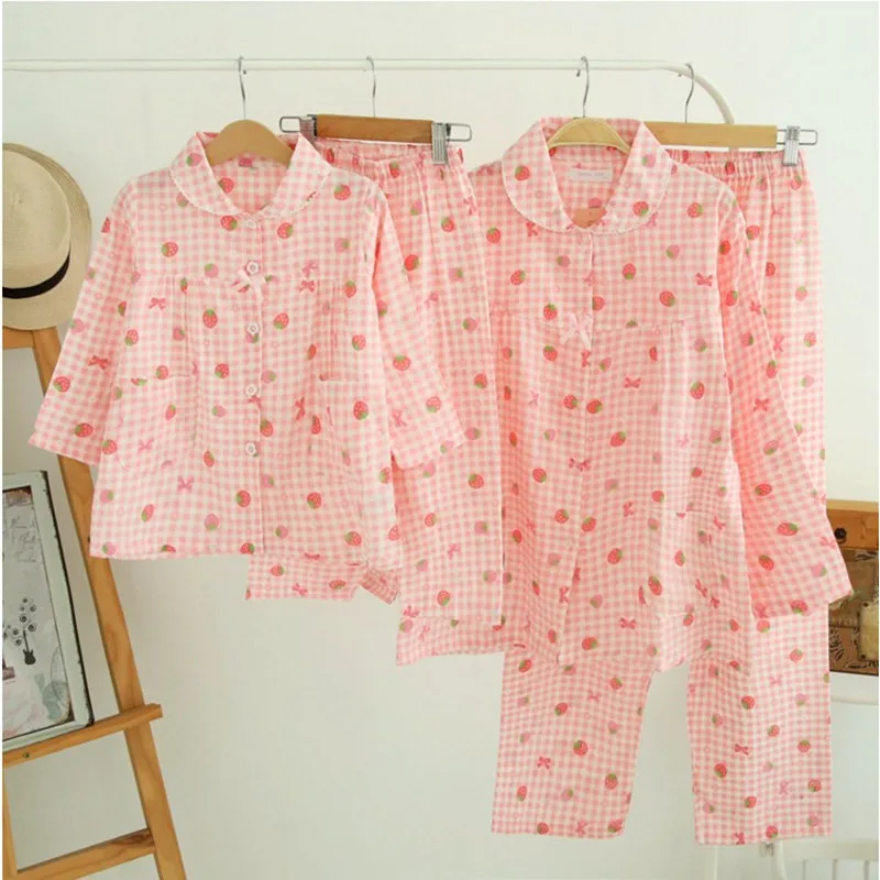 Women's Plaid Strawberry Pajamas Home Service Set Pure Cotton Cute Loose Long Sleeve 2022 Spring and Autumn New
