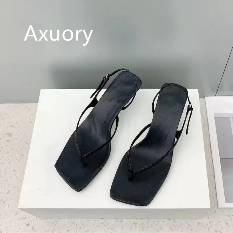 2023 New The Sandals Genuine Leather Flip-flops Retro Style Solid Color Square head Top Quality Summer Wear High Quality