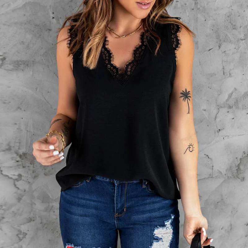 

Women's Sexy T-Shirt 2023 Spring Summer Solid Chiffon Tanks Patchwork Design Lace Decor V-Neck Sleeveless Casual Loose Crop Top