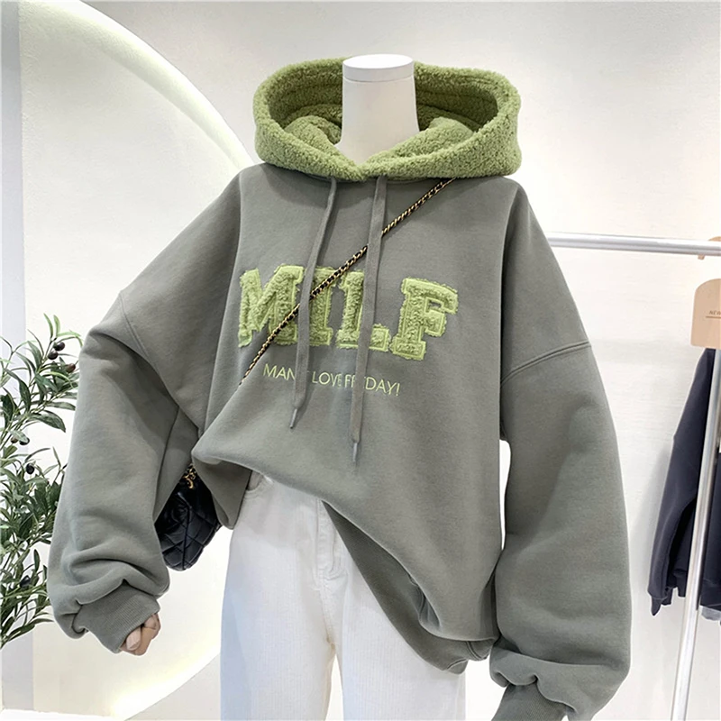 

Fashion Patchwork Sweatshirt Women Winter Casual Loose Cotton Thick Letter Long Sleeve Hoodies Female Streetwear