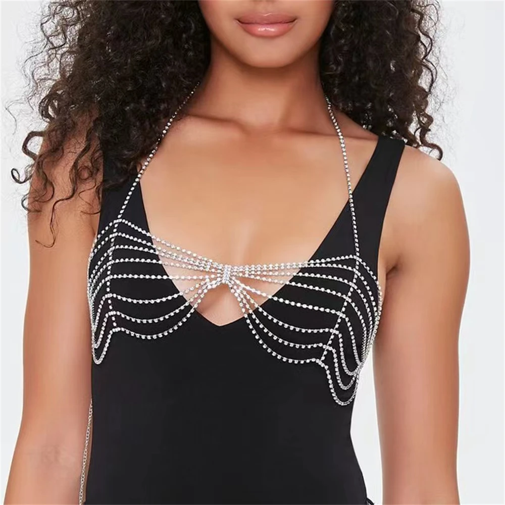 

Fashion Shiny Rhinestone Multi row Tassel Body Chain Women Sexy Bikini Accessories Bra Hollow out Crystal Body Chain Jewelry