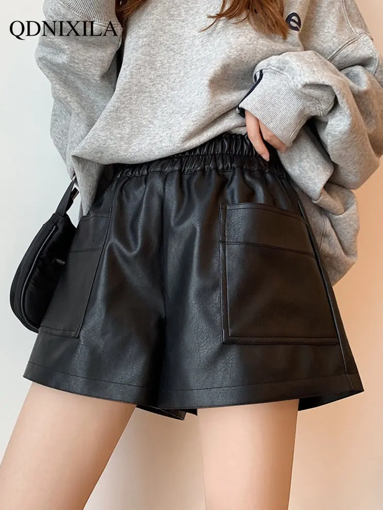 2022 Autumn Winter Fashion Leather Shorts for Women New PU Loose Wide Leg High Waist Bottomed Boots and Pants Womens Clothing