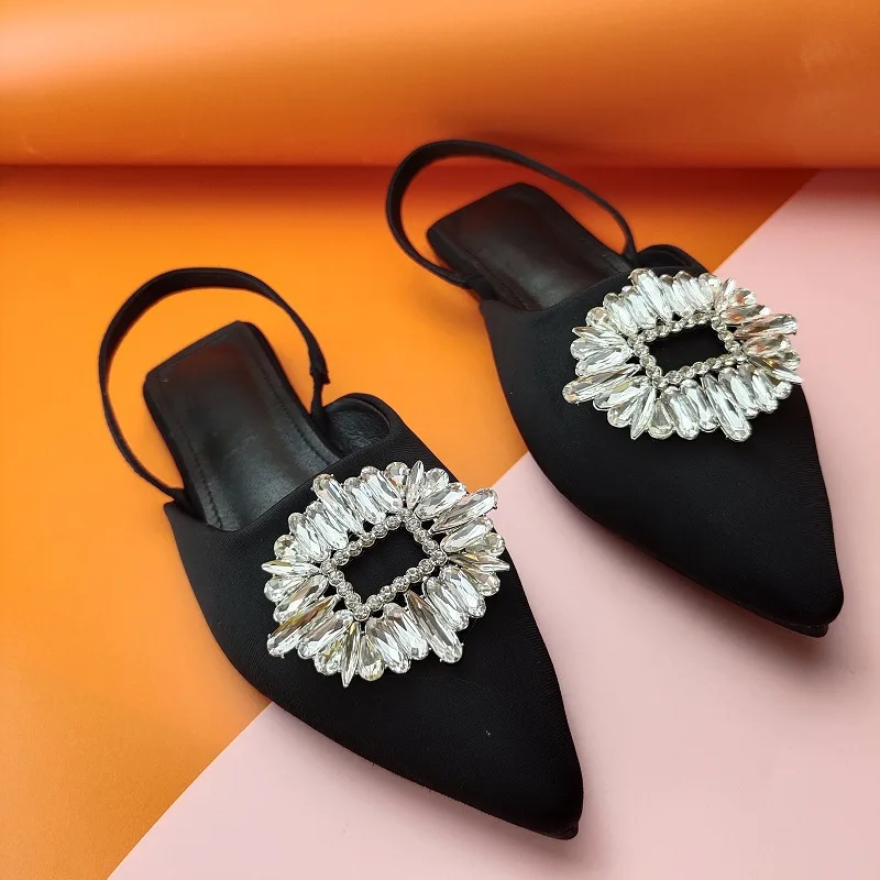 HOT Mules Women High Heels 2022 New Summer Sandals Rhinestones Party Wedding Shoes Pink Green Kitten Heels Ladies Classic Pumps