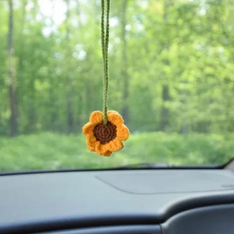 

Car Mirror Hanging Accessories Handmade Crochet Sunflower Decoration Pedant Car Accessories Crochet Kawaii Toy Gift