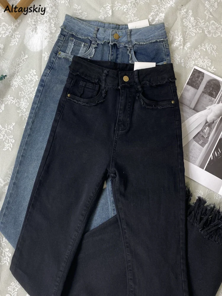 Расклешенные рваные джинсы женские Hotsweet с кисточками винтажный корейский стиль