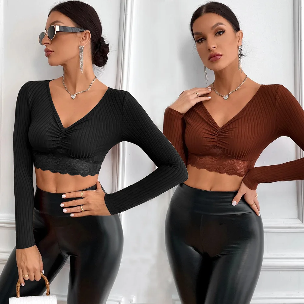 

Women Sexy Tops Long Sleeve Tshirt Women V-neck Ruched Lace Patchwork Rib Knit T Shirt Slim Y2k Aesthetic Party Basic Corset Top