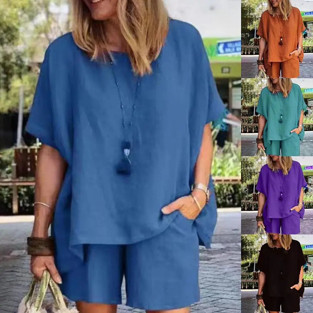 

2Pcs/Set Ladies Suit Soft Top Shorts Suit Short Sleeve Women Outfits