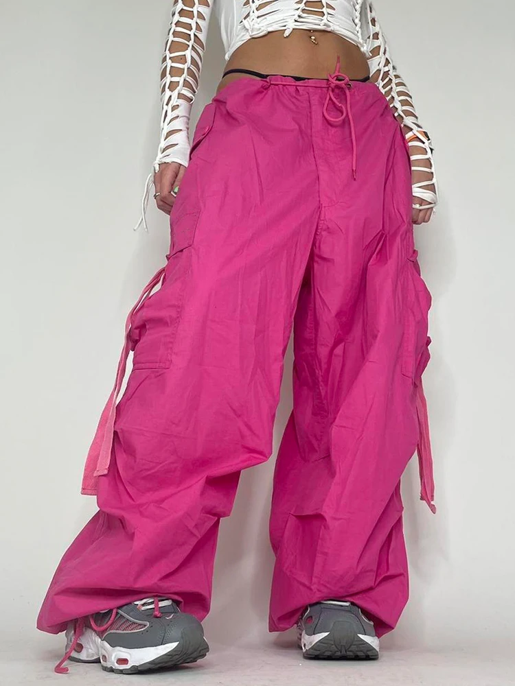 

WeiYao Oversized Cargo Pants 2022 Summer New Sweatpants Lace Up Ribbon Low Rise Chic Pink Capris Casual Streetwear Womens Pants