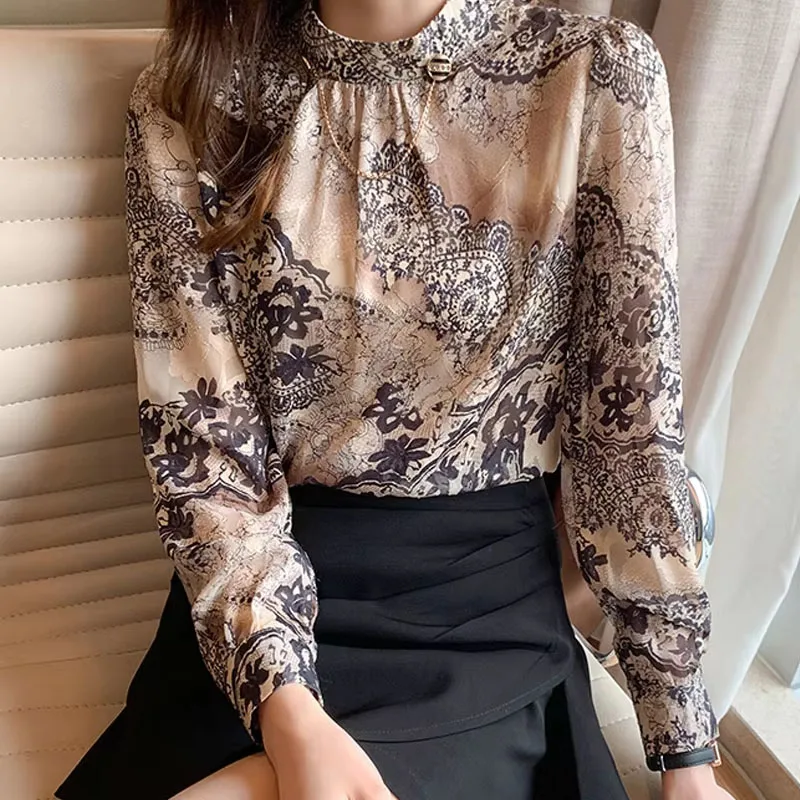Модная женская блузка с воротником-стойкой и принтом шифоновая длинным рукавом