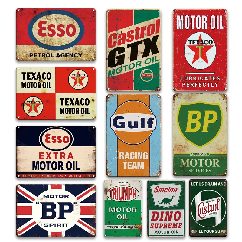 

Esso Castrol Tin Poster Signs Motor Oil Gulf Metal Plate Vintage Garage Wall Decor Plaques Retro Man Cave Home Decoration Sign 1