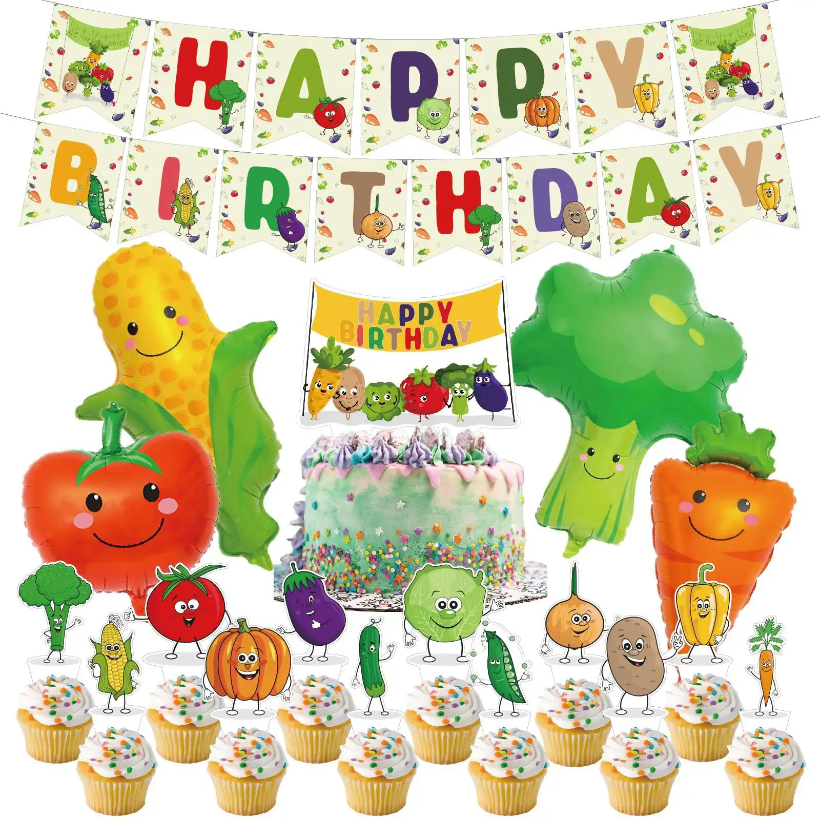 

Vegetable Themed Birthday Decoration Set Corn Carrot Tomato Balloons with Cartoon Vegetable Happy Birthday Banner Cake Toppers