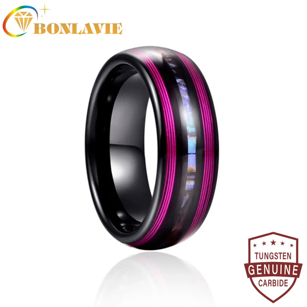 

BONLAVIE 8mm Electric Black Inlaid Purple Guitar Strings Abalone Dome Tungsten Carbide Ring Men's Fashion Wedding Jewelry Gift