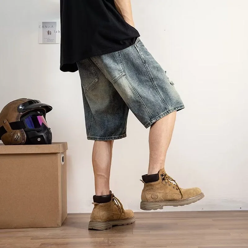 Summer Blue Hole Denim Shorts Men Fashion Casual Straight Jeans Men Streetwear Hip Hop Loose Short Jeans Mens Five-point Pants