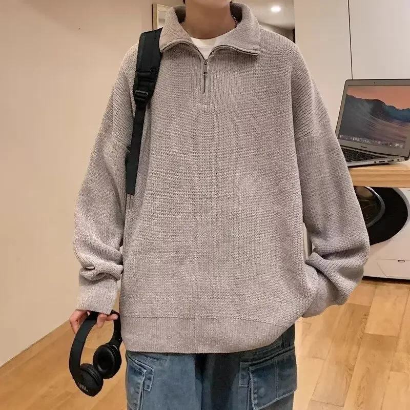 Модный мужской свитер с высоким воротником-поло на молнии свободное вязаное