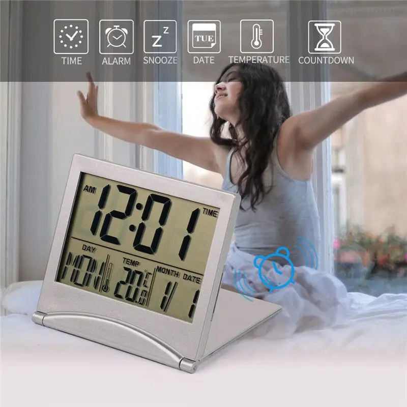 Складные Часы с ЖК-дисплеем, цифровые часы с будильником, настольные электронные часы для путешествий, настольные часы с температурой