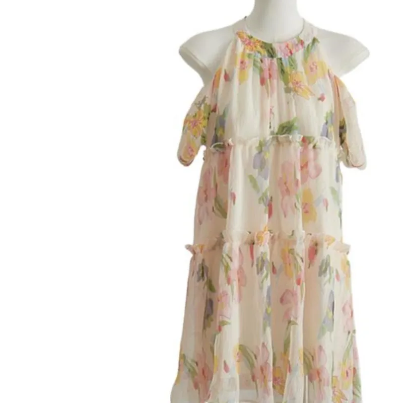 

Женская шифоновая юбка с круглым вырезом, открытыми плечами и цветочным принтом