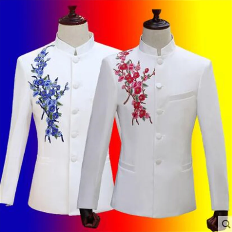 

Singer stage embroidery clothing for men groom suit set with pants mens wedding suits formal dress man chinese tunic suit white