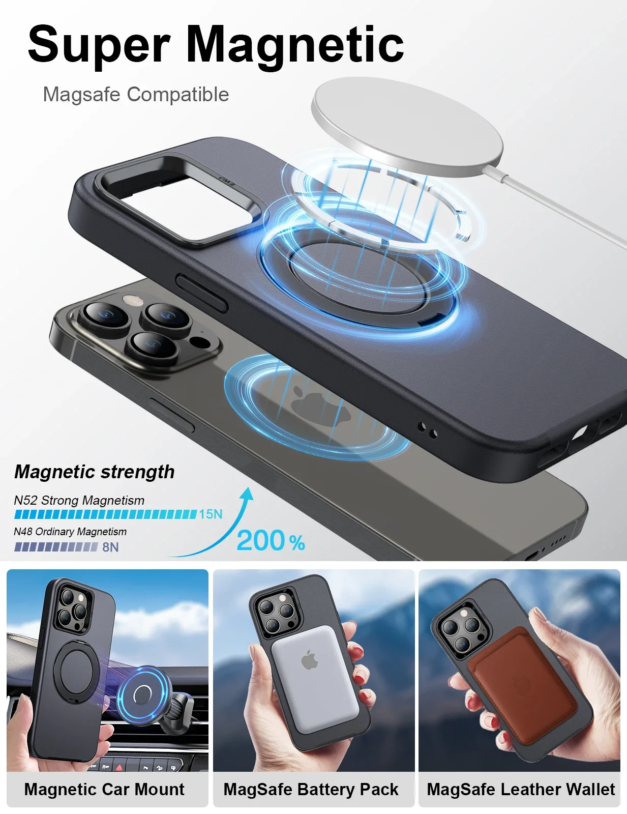 Фото Магнитная опора EWA для чехла iPhone 15 Pro [совместима с Magsafe] с 360° ° Регулируемая подставка, совместимая с беспроводной зарядкой №3
