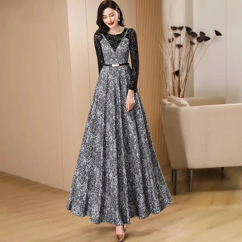 

Fake Two Piece Dress Women 2022 Spring Autumn New Temperament Fashion Jacquard Dresses Female Large Size Lace Hemline Skirt