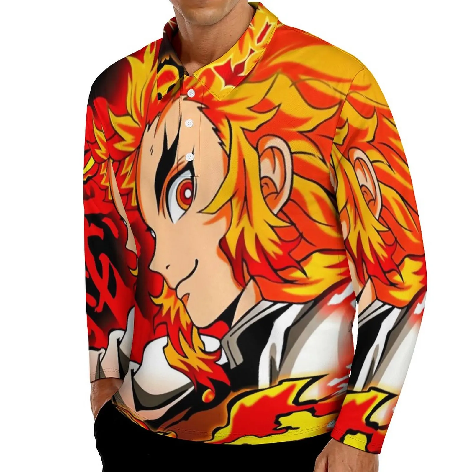 

Demon Slayer Casual T-Shirts Men Rengoku Kyojuro Anime Long Sleeve Polo Shirt Turn Down Collar Streetwear Spring Graphic Shirt