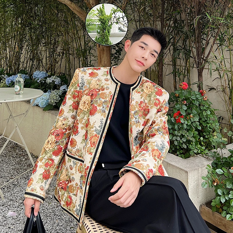 Винтажное жаккардовое пальто без воротника с цветочным принтом роскошное для