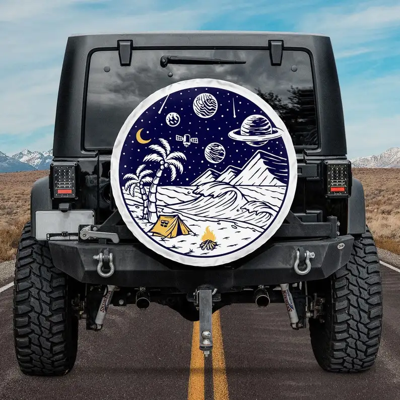 

Camper Spare Tire Covers, Camping On Beach At Night Spare Tire Cover With Or Without Backup Camera Hole, Tire Cover Car, Camping