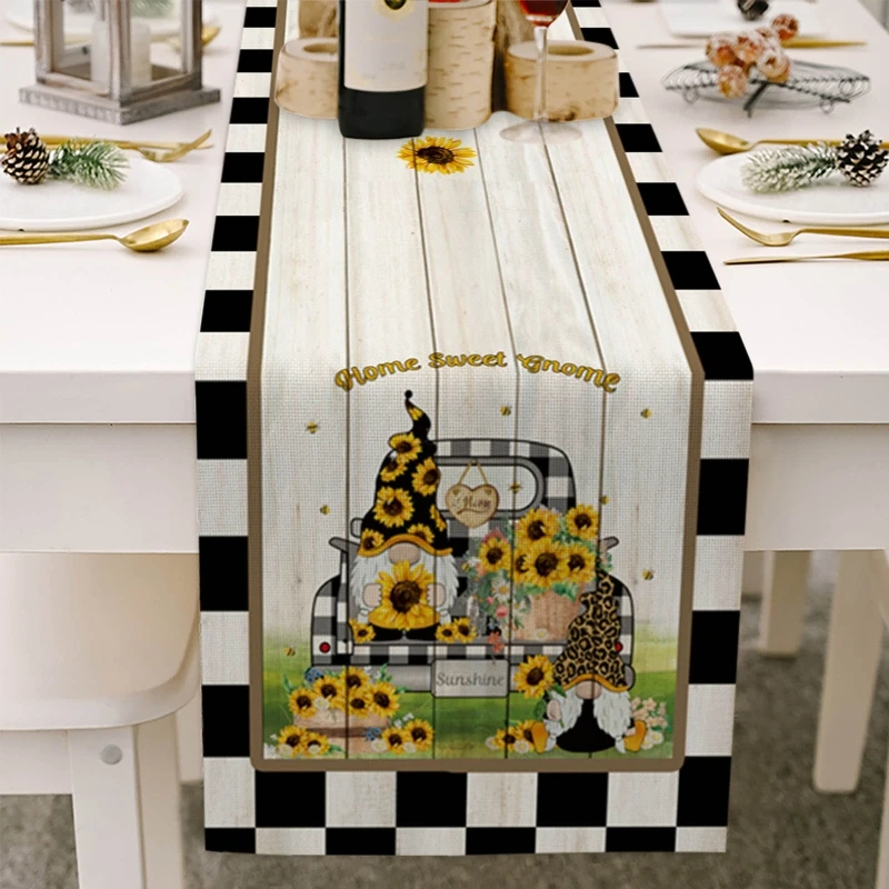 

R2LD Sunflower Gnome Cotton Linen Table Runner Table Cloth Desktop Decor