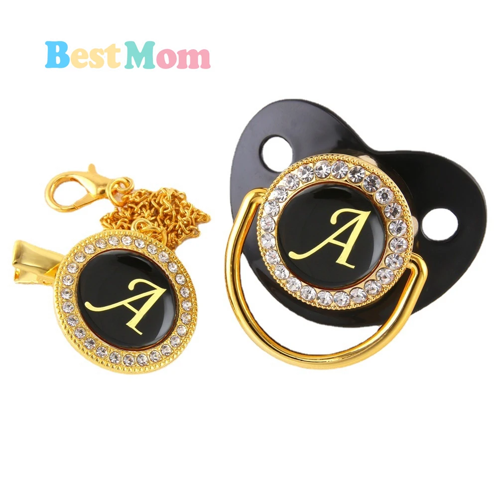 

Transparent 26 Initial Letter Luxury Black Golden Baby Pacifier with Chain Clip Newborn BPA Free Bling Dummy Soother 0-12 Months