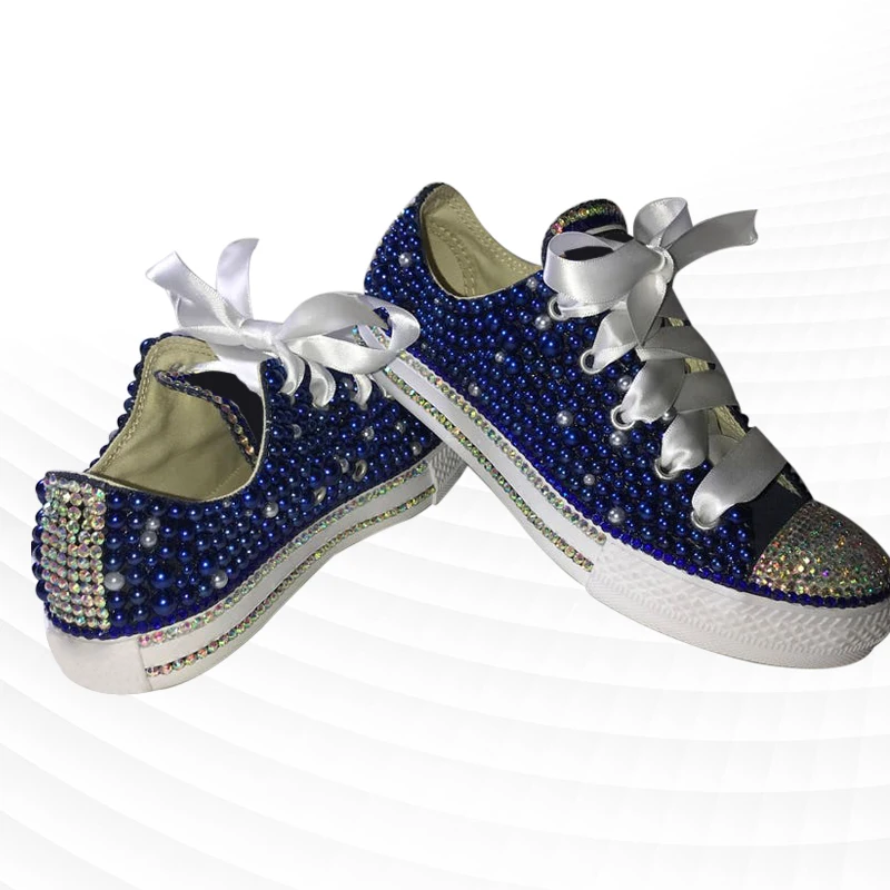 

Blue and white hand-paste diamond stitching niche low-top canvas shoes for men and women with the same style 35-44