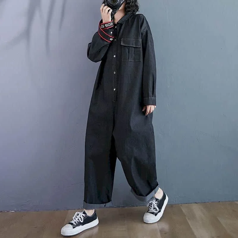 Новый джинсовый комбинезон женский синий с длинными рукавами высокая талия