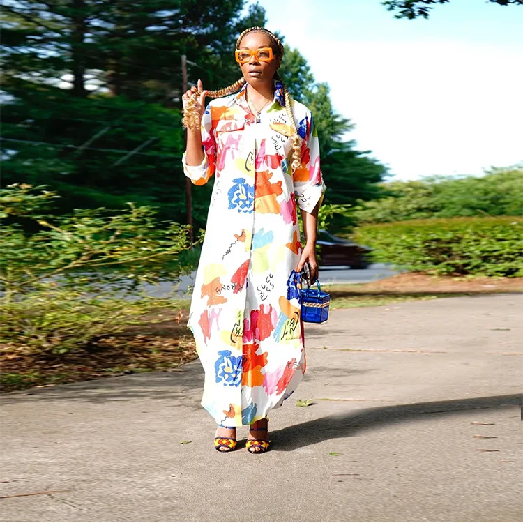 

Женское длинное платье-рубашка с цветочным принтом и высокой талией