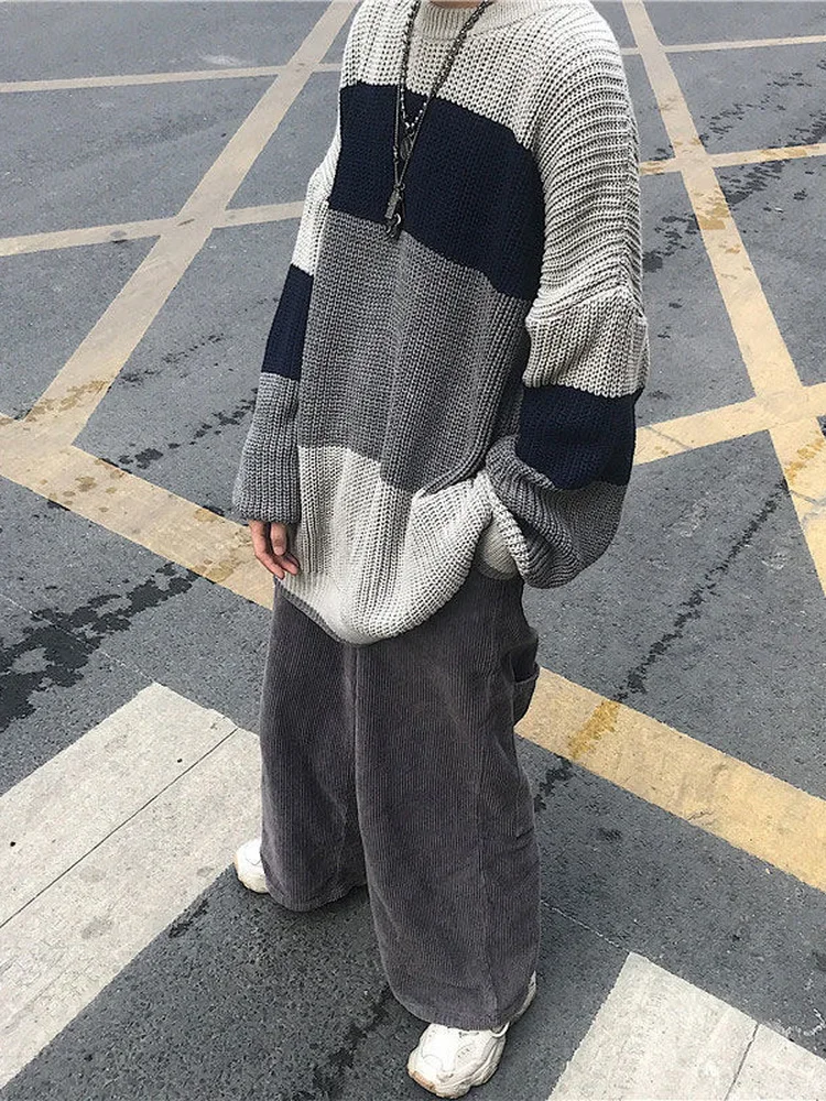 Женский трикотажный свитер в полоску Свободный пуловер контрастных цветов с