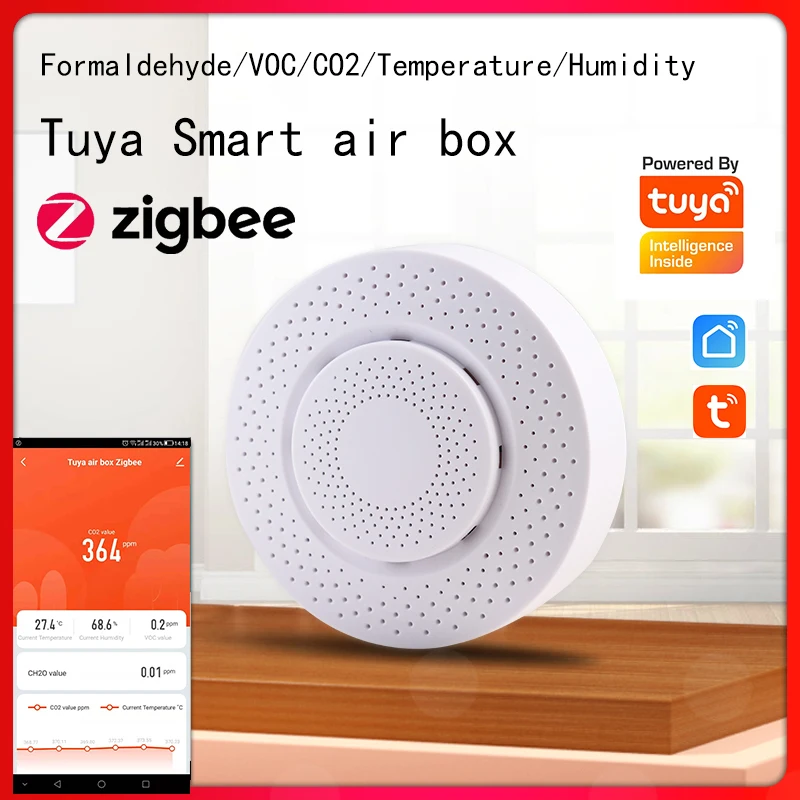 

Tuya Zigbee Smart Air Box Air Quality Monitor CO2 VOC Gas Detector Sensor Household Formaldehyde Temperature Humidity Sensor
