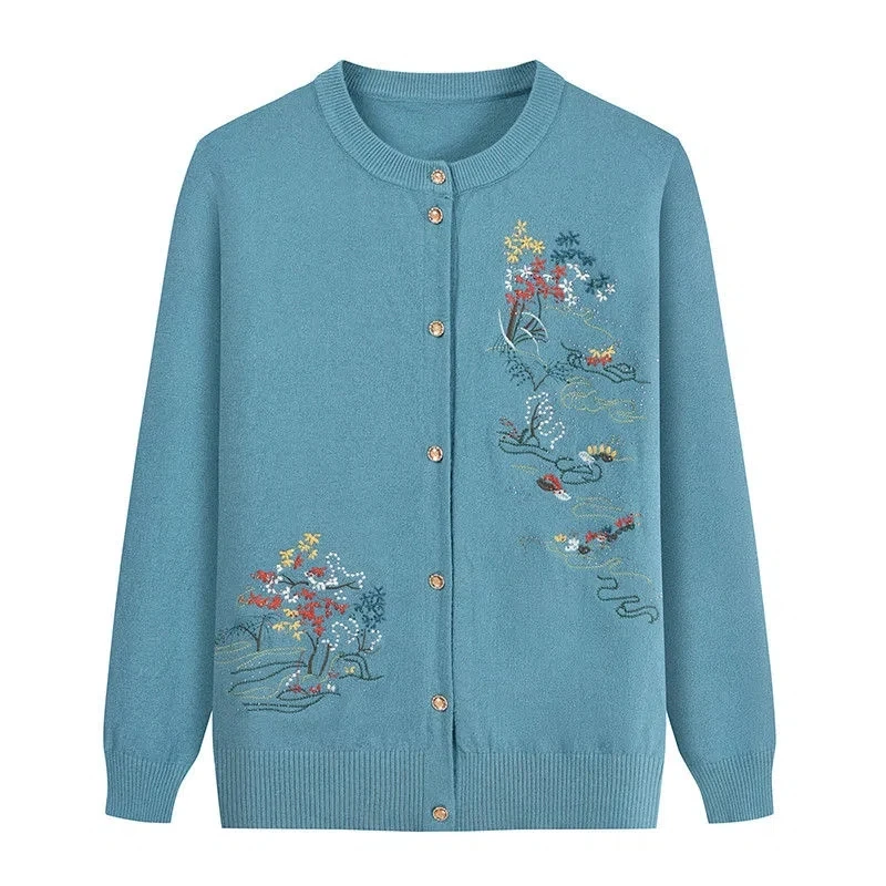 

Elderly Mama Sweater Thin Embroidery Knitted Cardigan Coat 2023 New Spring Autumn Jacket Tops Knitwear Fashion Sweater For Women