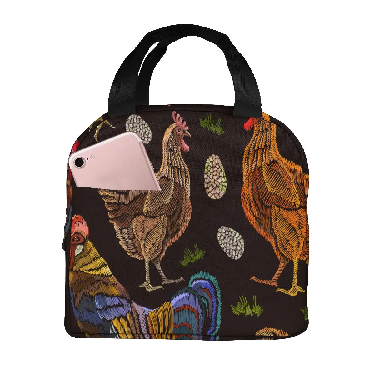 

Insulated Lunch Bag Thermal Embroidery Chicken And Rooster Pattern Tote Bags Cooler Picnic Food Lunch Box Bag