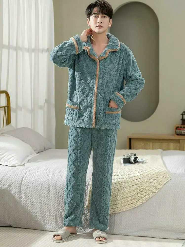 

Men's Winter Pajamas Warm Sleepwear Large Size Set Mens Pajama Loungewear Romper for Adult man cotton Lingerie Winter two piece