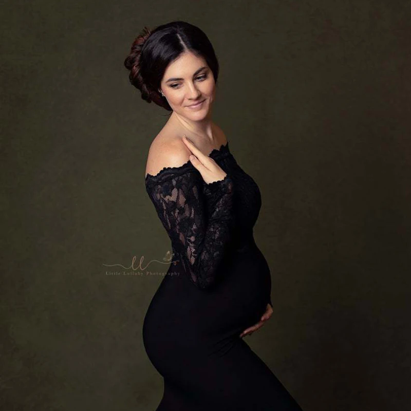 Maternity Dresses for Photo Shoot  Baby Shower Women Pregnant  Straight Neck Black Lace Long Sleeved Chiffon Tail Skirt Summer