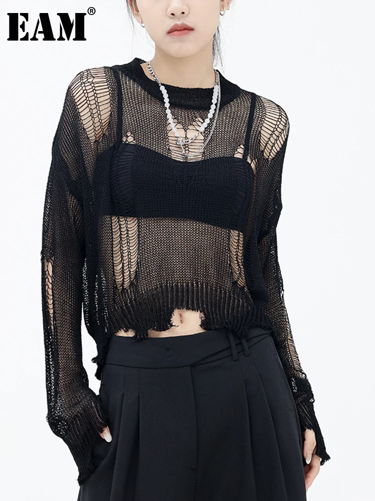 

[EAM] Женская Повседневная футболка цвета хаки с дырками, большой размер, новая модная футболка с круглым вырезом и длинными рукавами, весна-о...