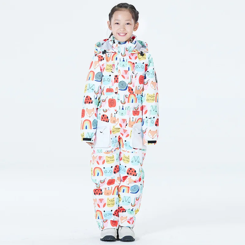 

Cartoon Hooeded Baby Girl Jumpsuit Alpine Skiing Waterproof Sport Children One Piece Snowsuit Outdoor Snowmobile Kids Overalls