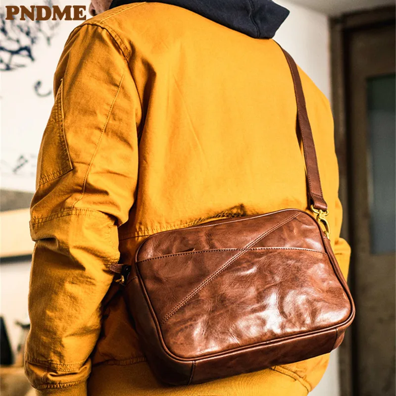 PNDME handmade designer luxury genuine leather men's messenger bag outdoor travel work commuter cube real cowhide shoulder bag