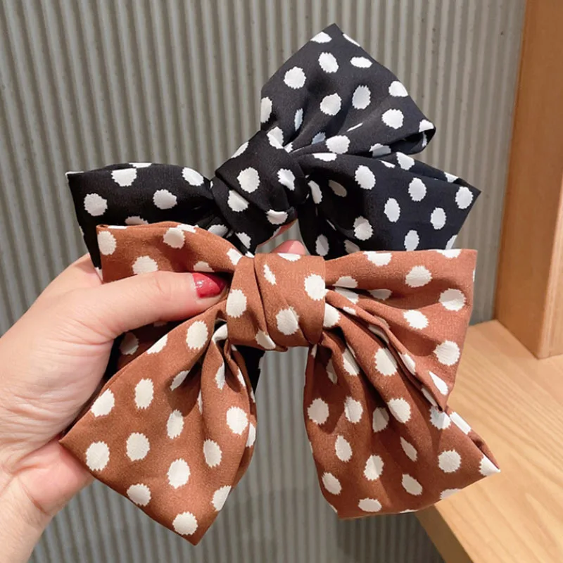 

Fashion Dots Print Big Bow Hair Clips Barrettes Knotted Long Ribbon Chiffon Hairpins For Women Girls Hair Accessories Hairbands