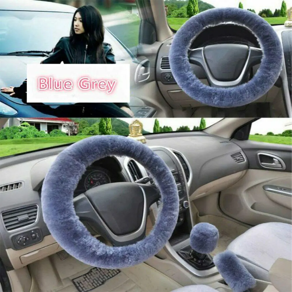 3 PCS Car Fluffy Steering Wheel Cover Wool Handbrake Cover Thermal Gear Shift Cover Plush Car Interior Accessories Gray Blue images - 6