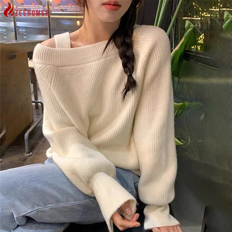 

2022 Fall Winter Korean Fashion Sexy Straps Off Shoulder Short Fuzzy Sweater Women Loose Lazy Sweet All-Match Pullover Knit Top