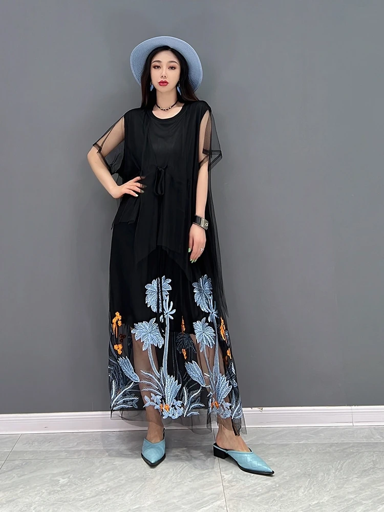 

SuperAen 2022 Summer New Dress Mesh Embroidery National Style Suspender Two-piece Dress