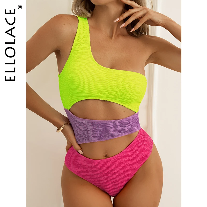 

Ellolace Цветной купальник на одно плечо Бикини купальник с вырезами неоновое боди Монокини дизайнерский сексуальный купальный костюм