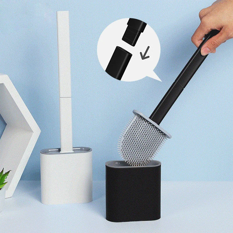 

Toilet Brush Silicone Flat With Holder Set Removable Long Handled Black Cleaner Brush Wall Mounted Wc Bathroom Accessories